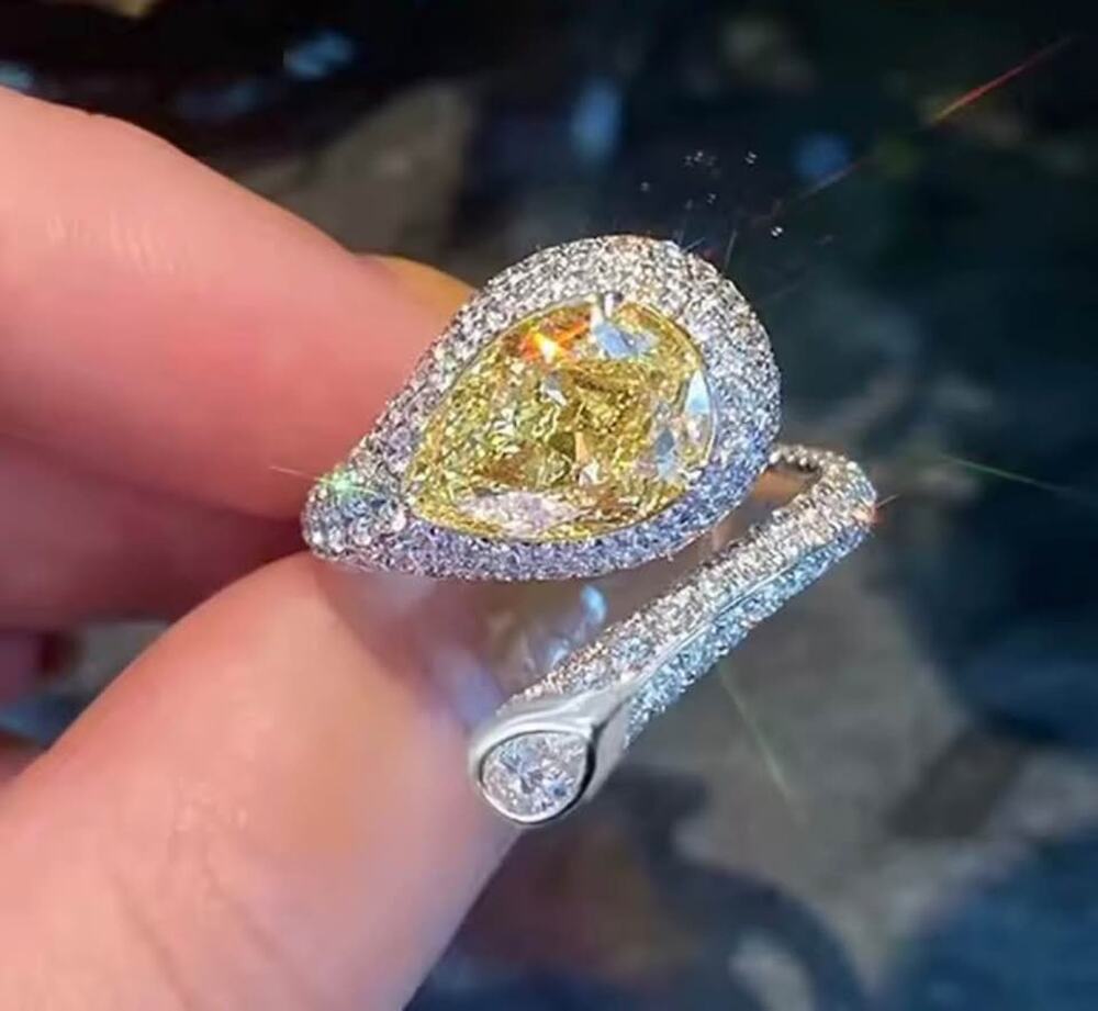 Sparkly Yellow Pear Cut CZ Pavé 7 and Adjustable Statement Silver Tone Ring